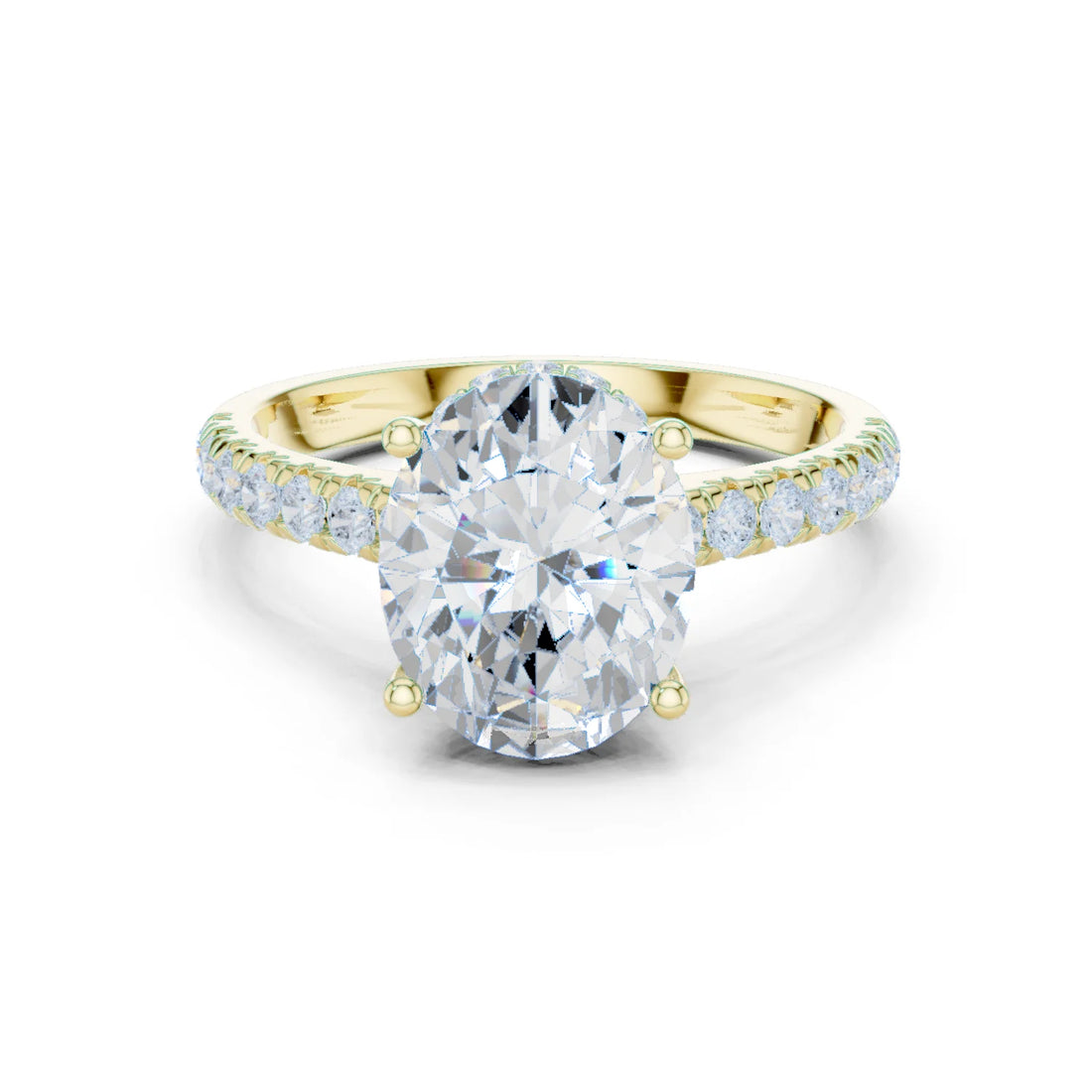 Oval Cut Diamond Hidden Halo Engagement Ring with Pave Band