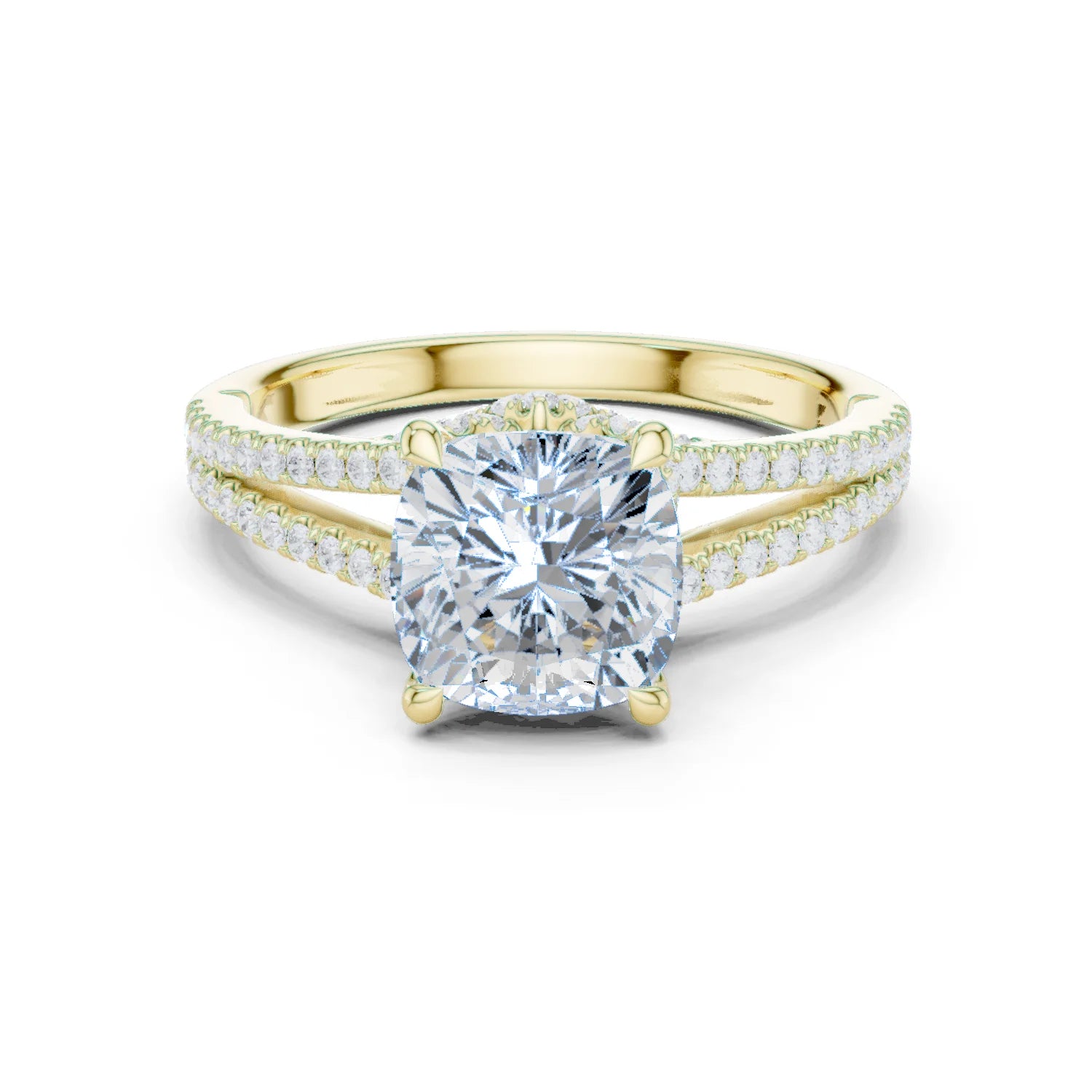 Cushion Cut Diamond Split Shank Engagement Ring with Pave Accents