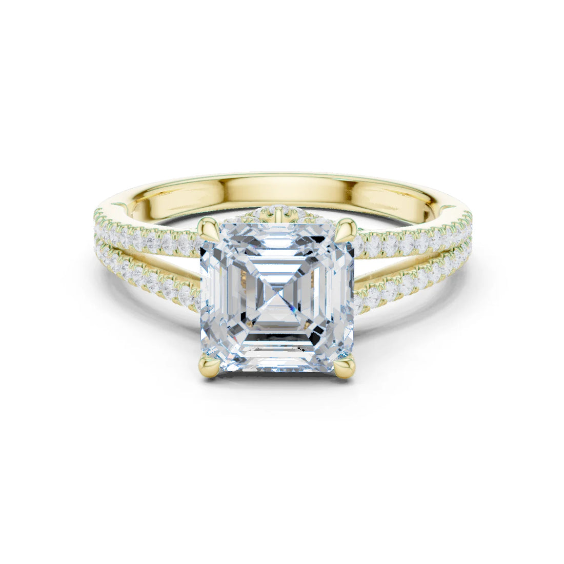 Asscher Cut Diamond Split Shank Engagement Ring with Pave Accents