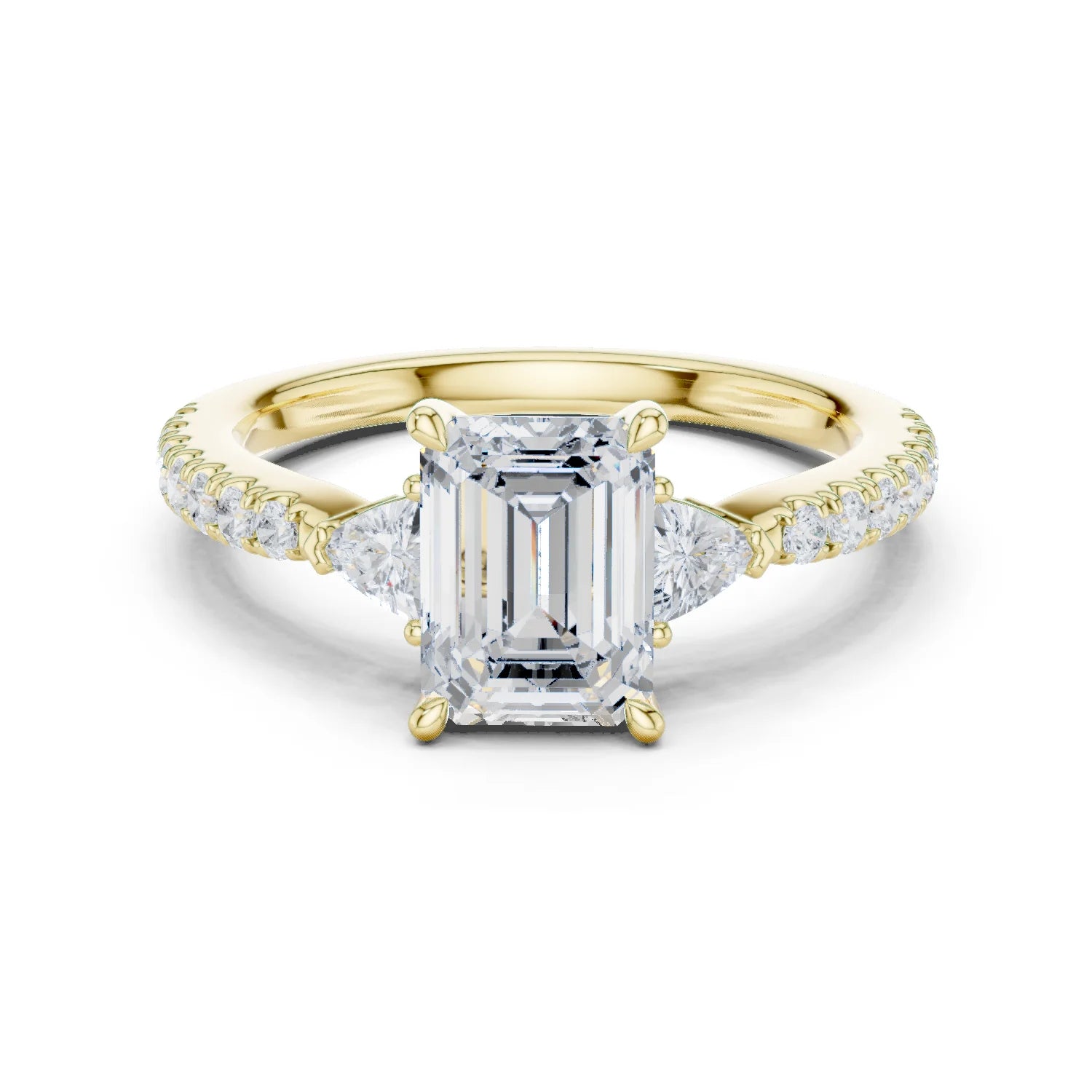 Emerald Cut Diamond Three-Stone Engagement Ring with Pave Band