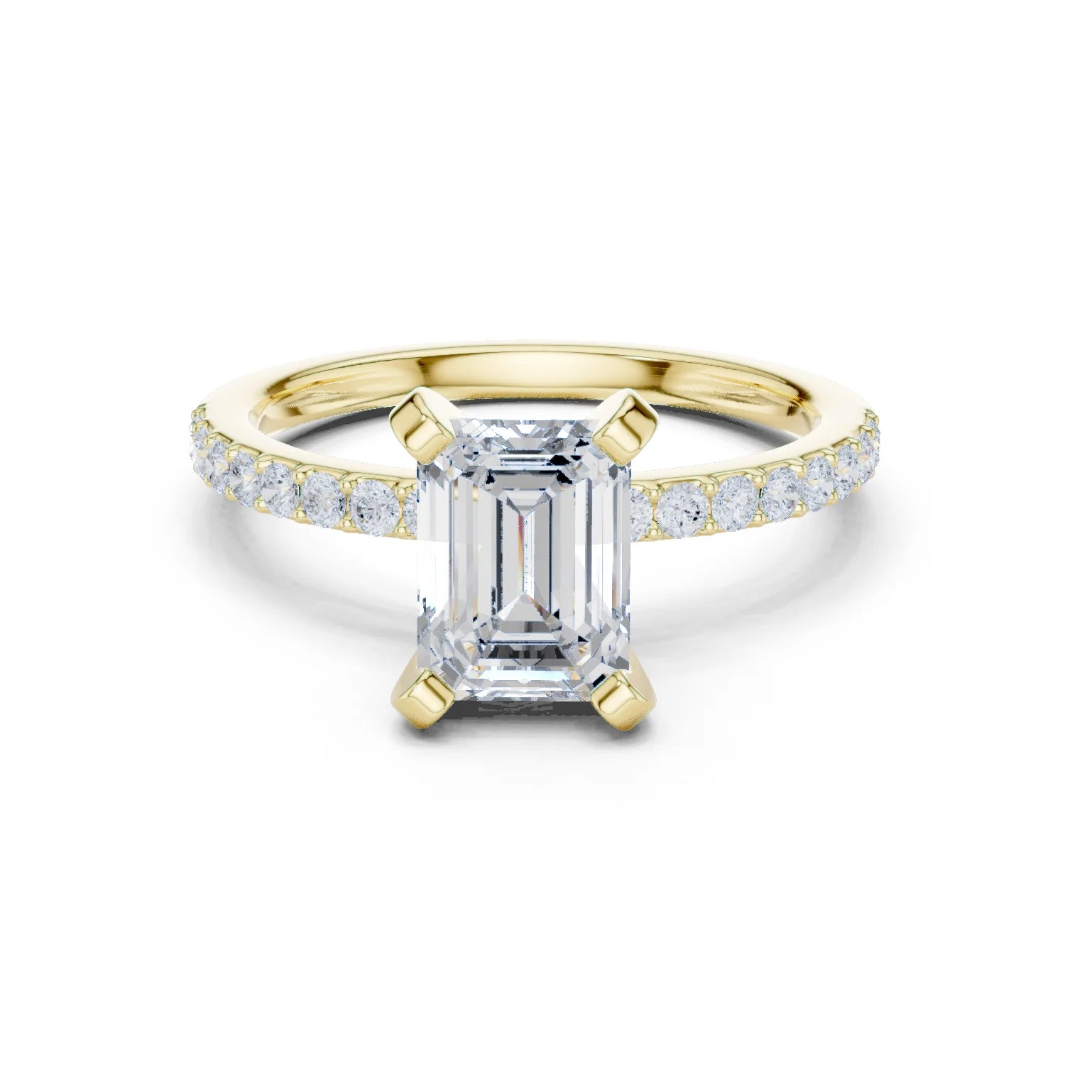 Emerald Cut Diamond Pave Band Solitaire Engagement Ring