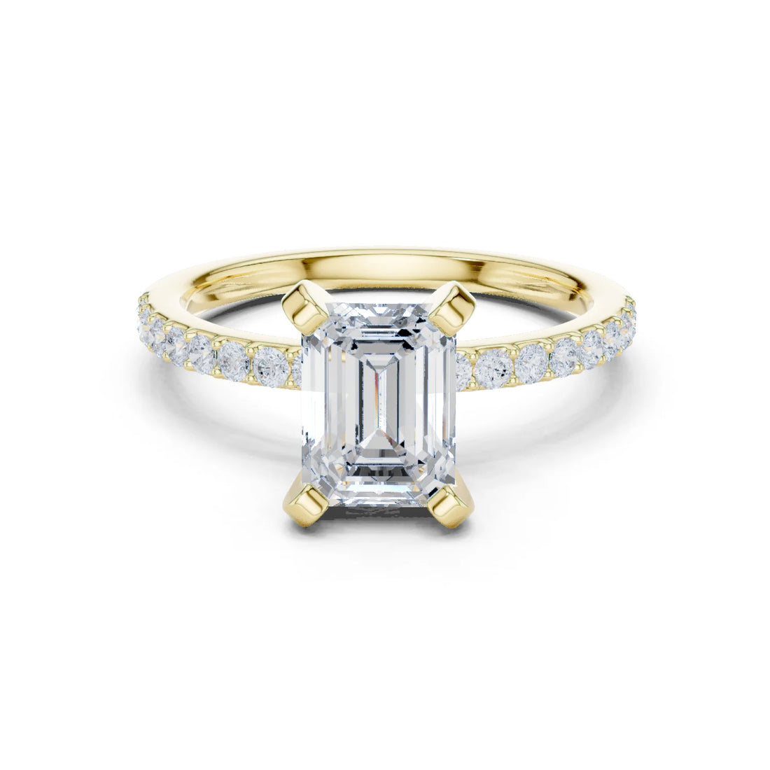 Emerald Cut Diamond Pave Band Solitaire Engagement Ring