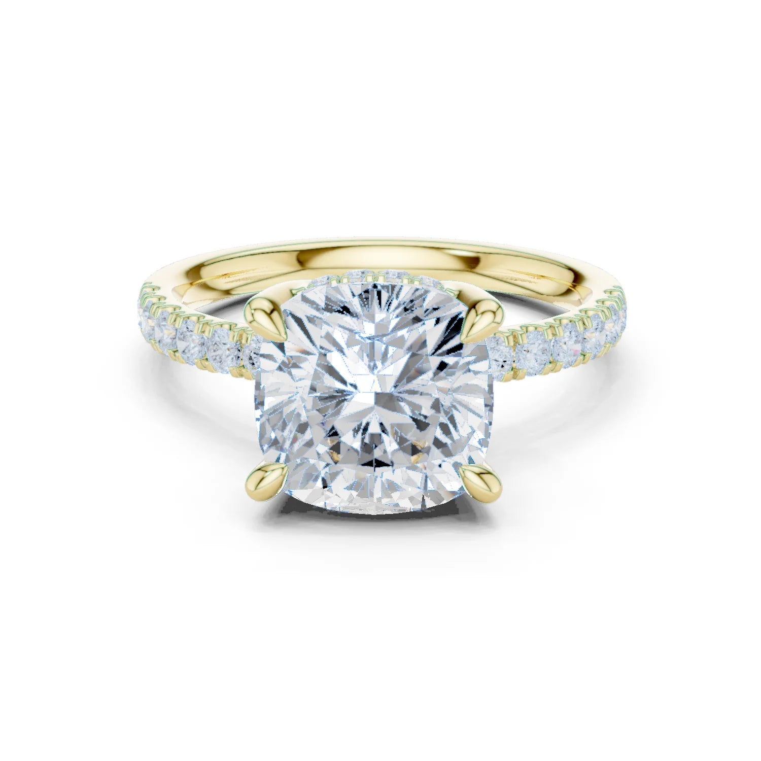 Cushion Diamond Hidden Halo Engagement Ring with Pave Band