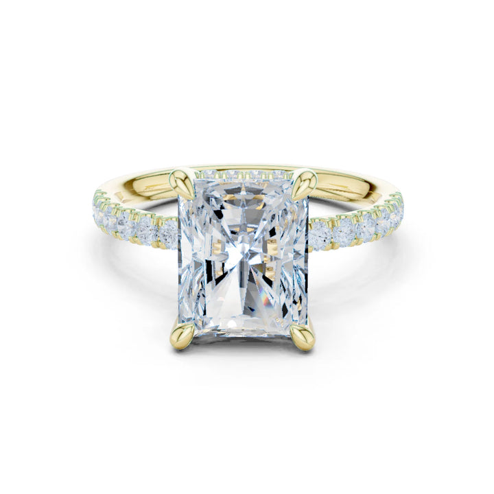 Radiant Diamond Hidden Halo Engagement Ring with Pave Band