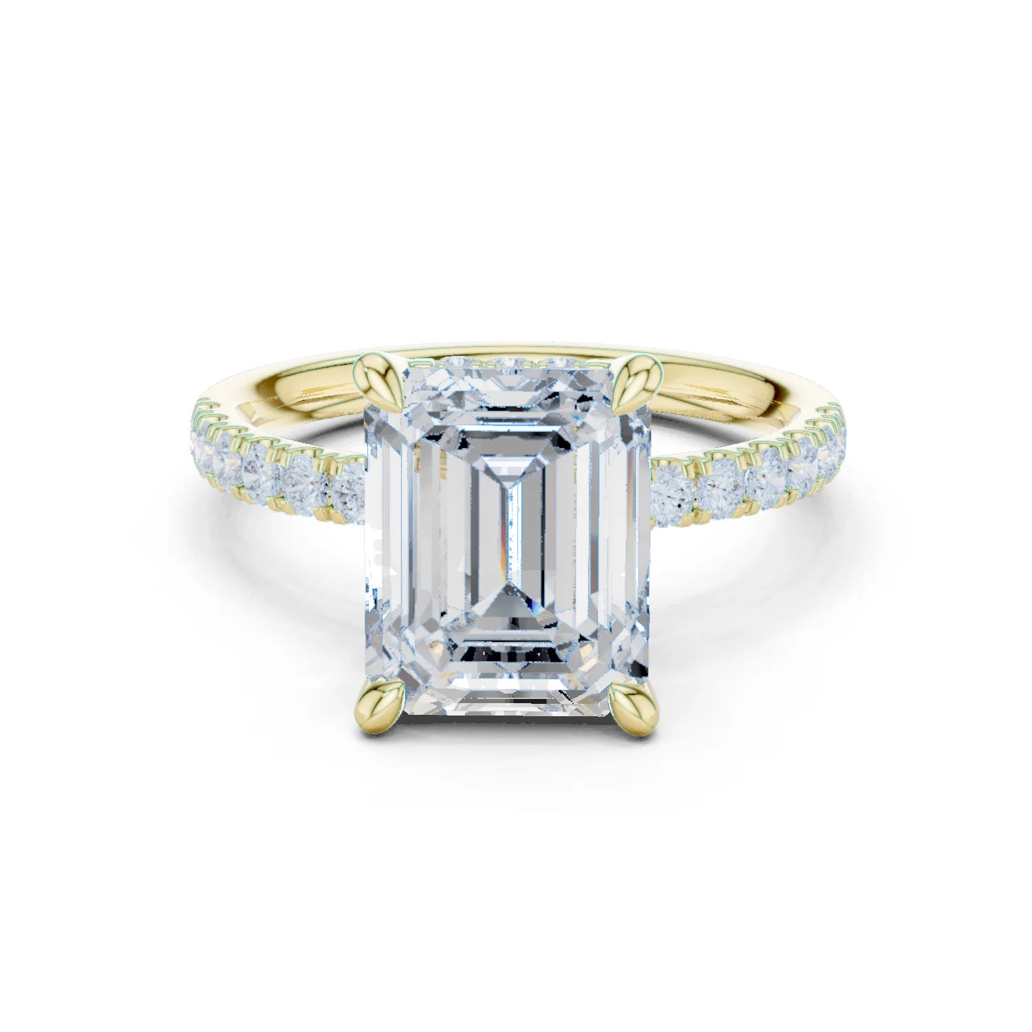 Emerald Diamond Hidden Halo Engagement Ring with Pave Band