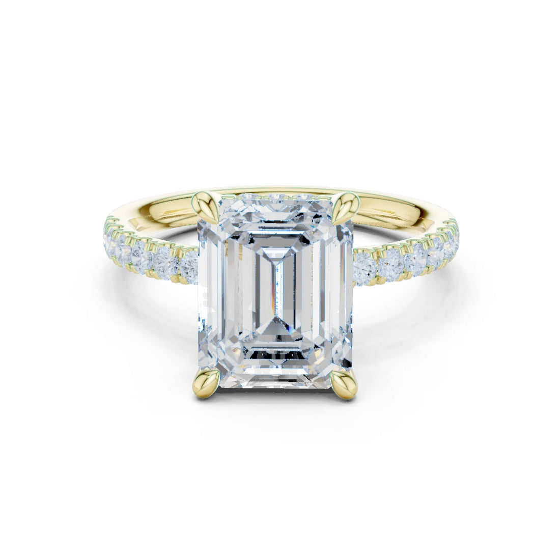 Emerald Diamond Hidden Halo Engagement Ring with Pave Band