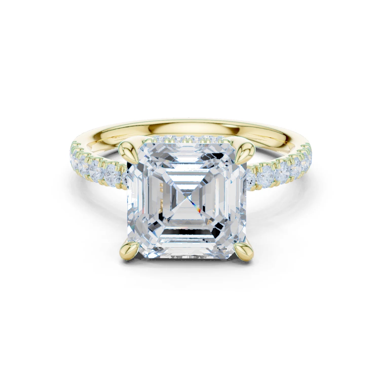 Asscher Diamond Hidden Halo Engagement Ring with Pave Band