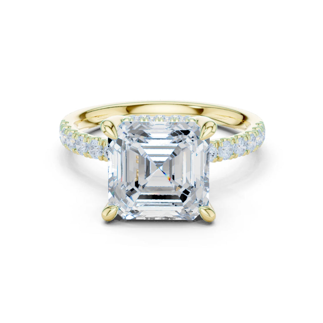 Asscher Diamond Hidden Halo Engagement Ring with Pave Band