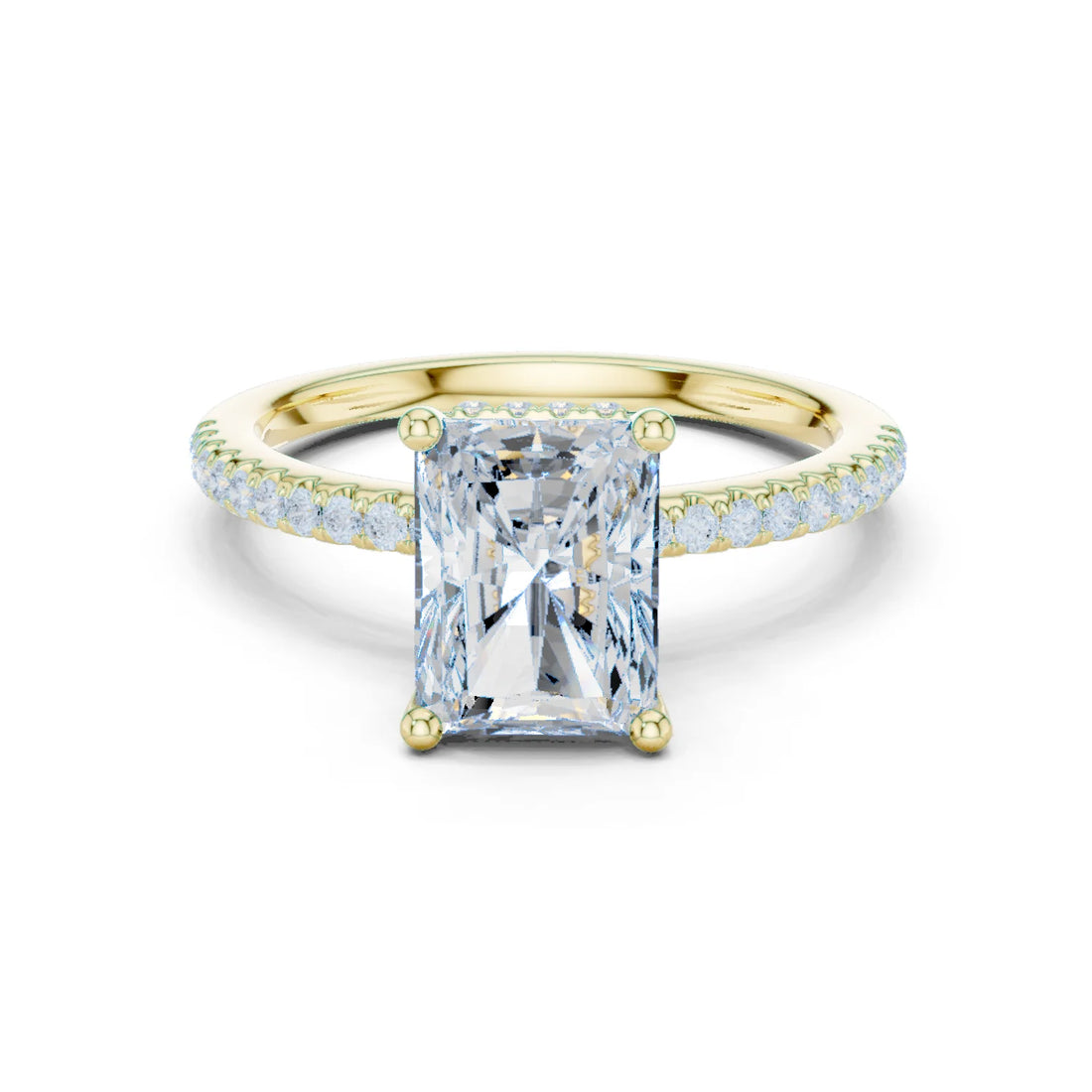 Hidden Halo Radiant Cut Diamond Engagement Ring With Pave Band