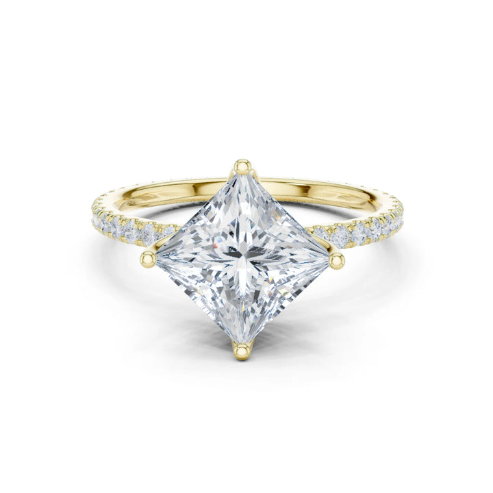 Princess Shape Diamond Pave Band Engagement Ring