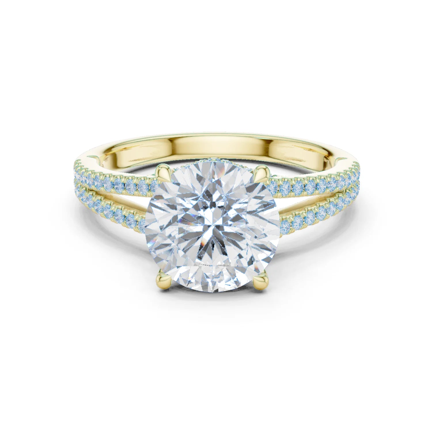 Round Cut Diamond Split Shank Engagement Ring with Pave Accents