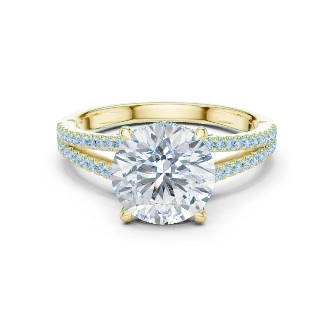 Round Cut Diamond Split Shank Engagement Ring with Pave Accents