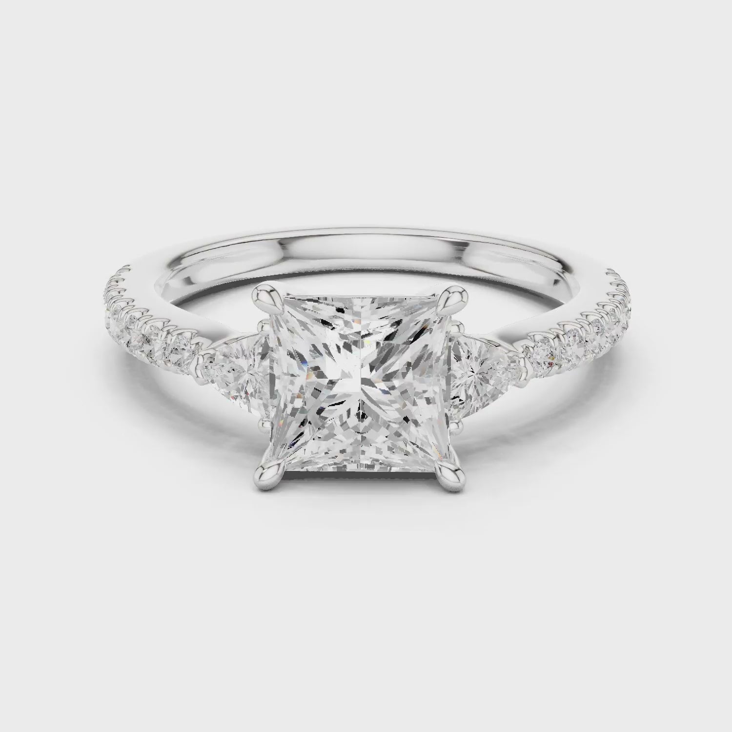 Princess Cut Diamond Three-Stone Engagement Ring with Pave Band