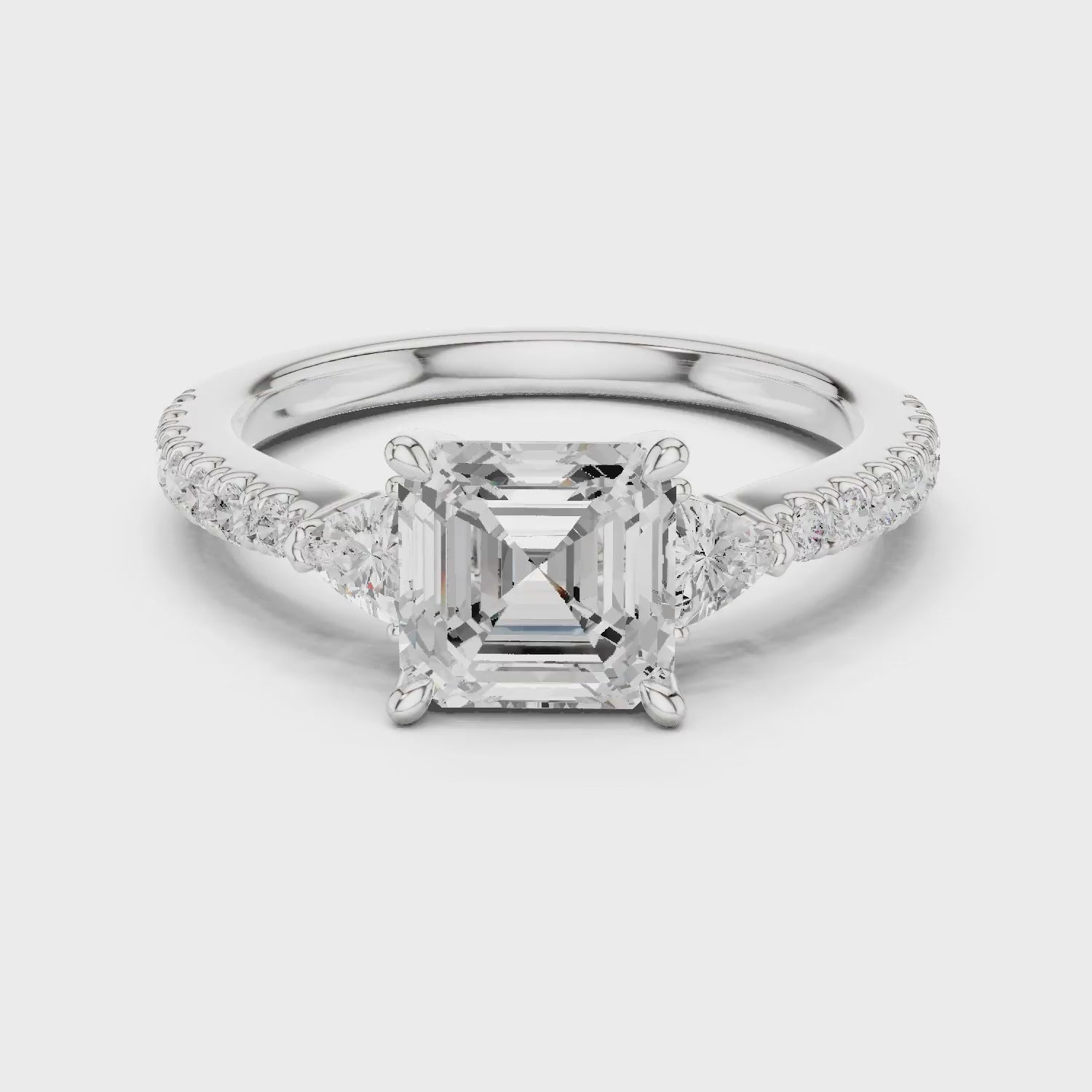 Asscher Cut Diamond Three-Stone Engagement Ring with Pave Band